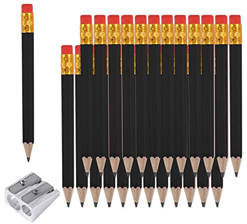 AIEX Lot de 25 demi-crayons avec gomme, 10 cm, mini crayons HB hexagonaux de golf avec 1 taille-crayon pour enfants, école, bureau, fête prénatale, mariage (noir)