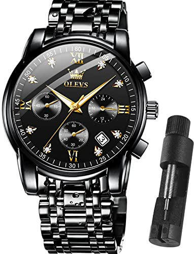 OLEVS Watches for Men Dress Luxury Waterproof Analog Water Resistant All Black Watch with Diamond Roman Numerals Original Adjustable Stainless Steel Metal Fashion Watch Men's Wrist Watches