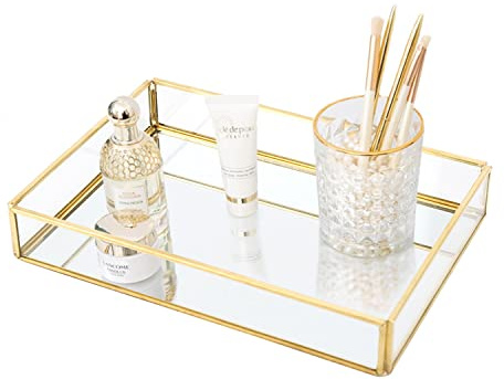 Golden Vintage Glas Box, Vintage Glas Smycken Organizer Box, Klart glas & Mässing Metall Förvaringssmycken och kosmetiska sminkfodral Hållare Organizer(Middle)