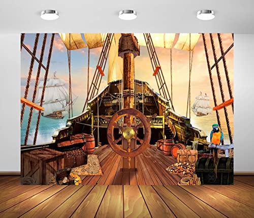 BELECO 3x2m Stoff Vintage Piratenschiff Hintergrund Holzruder Schatztruhen Schatzkarte Fässer Papagei Ozean Segelschiff Nautische Piraten Hintergrund Piratenthema Partydekorationen Foto-Requisiten