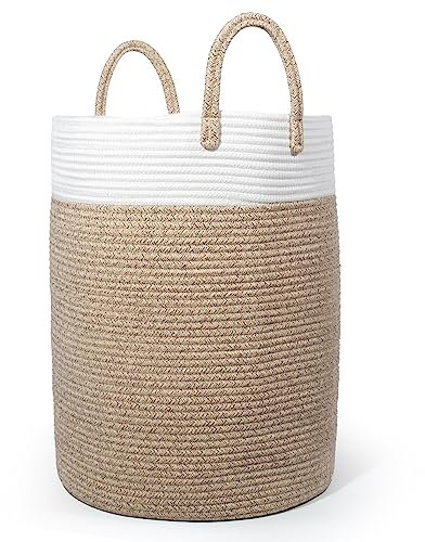 SYLANDO Wäschekorb mit Henkel, Spielzeug Aufbewahrung, Aufbewahrungsbox Geflochten, Wäschesammler Groß, Aufbewahrungskorb Kinderzimmer (Braun&Weiß, D 38 x H 50 CM)