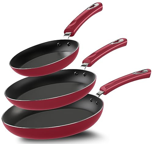 KICHLY Induction Hob Pan Sets Non Stick, 3 Pcs Frying Pans, Professional Chefs Kitchen Cookware, 20, 24 and 28cm (Red)