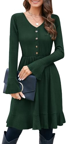 ULTRANICE Strickkleid Damen Herbstkleid Winterkleid V Ausschnitt Pulloverkleid mit Deko Knopf Herbst Winter Kleid (Grün, XL)