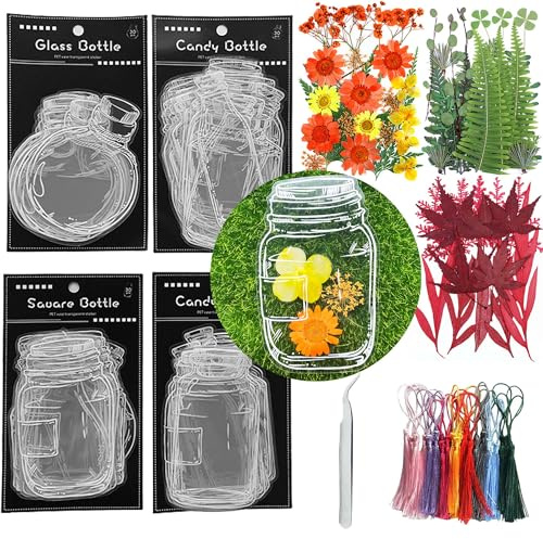 Cayway Transparentes Lesezeichen für getrocknete Blumen, zum Selbermachen, enthält klare Lesezeichen, getrocknete Blumen, bunte Quasten und echte gepresste Blumen, trockene und handgefertigte