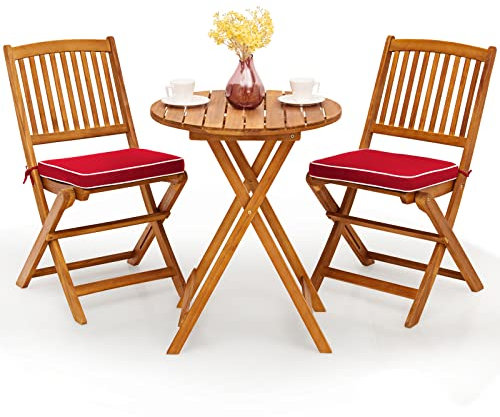 GOPLUS Salon de Jardin Exterieur 2 Personnes, Table Bistrot en Bois Acacia avec 2 Chaises 2 Coussins Amovibles, 3PCS Table Balcon 2 Places Pliante pour Terrasse, Cours(Rouge)