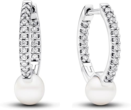 PANDORA Timeless Behandelte Süßwasserzuchtperle & Pavé Creolen aus Sterling Silber mit Zirkonia, 293171C01