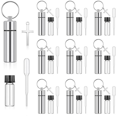 Tandefio 10 Sets Anointing Oil Bottles Keychain Vial Holy Water Container with Dropper Cross Pendant for Travel Baptism Favor (Silver)