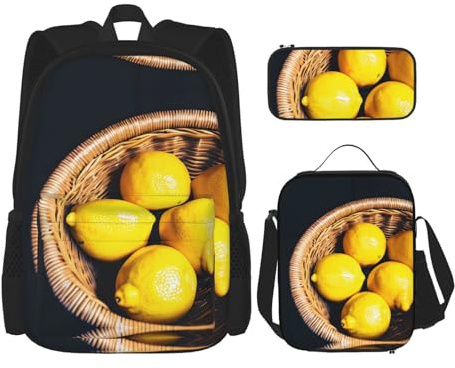 DRTGEDS 3 st ryggsäcksset, korg citroner tryckta ryggsäckar set med lunchväska pennfodral