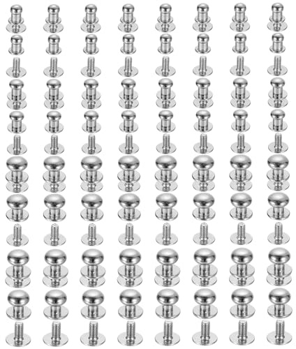 QUARKZMAN Remaches de Cabeza Redonda de Bola de 5/6/8/9 mm Con Tornillo de Respaldo, Paquete de 64 Remaches de Botón Redondo para Manualidades de Cuero, Tono Plateado