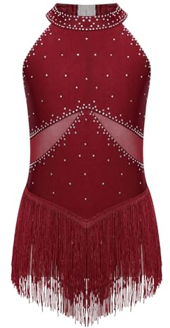 Agoky Mädchen Strass Leotard mit Fransen Mesh Patchwork Tanz Body Eiskunstlauf Kleider Latein Rock Dancewear