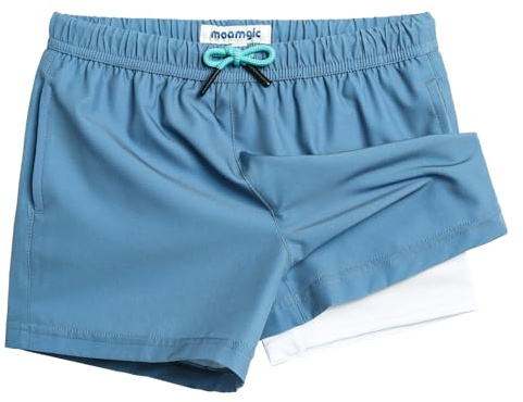 maamgic Boys Swim Trunks with Compression Liner 4-Way Stretch Quick Dry Swim Shorts Swimming Trunks Toddler Boy Haze Blue White 5-6 Years