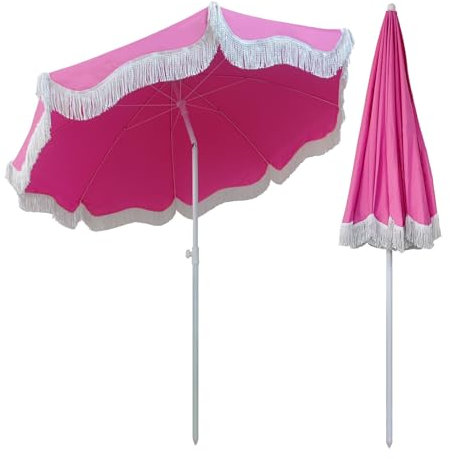 Terrassenschirm Sonnenschirm Hawaii Strandschirm Pink Mit Fransen 8 Rippen Gartenschirm 200cm Tischschirm Neigbar Sonnenschutz Wasserdicht Höhenverstellbar Für Balkon Garten Terrasse(Color:Red)