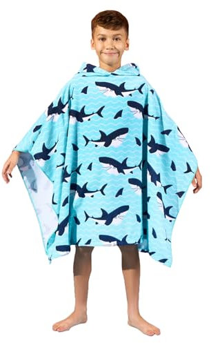 Dreamscene Kids Hooded Beach Towel, Blue Shark Oversized Beach Towel Kids Poncho Towel for Swimming Beach Pool Travel Kids Changing Robe Hooded Towel Lightweight Privacy, One Size