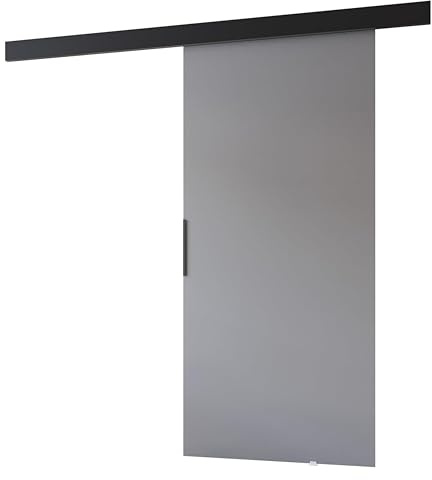 MINIO go for it - Schiebetür PRIM A, Zimmertür 106 cm | Schiebetürsystem, Lacobel, Wandmontage, schwarzer Griff, Farbe: Grau / Schwarz