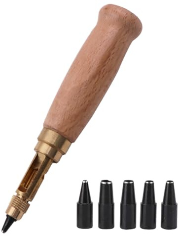 Adjustable Screw Hole Punch Automatic Hole Punch Tool with Wood Color Wooden Handle Bookbinding Tool Leather Hole Punch with 6 Tips Size 1.5mm/2mm/2.5mm/3mm/3.5mm/4mm