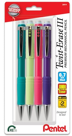 Pentel Twist-Erase III Mechanical Pencil, (0.7mm), Medium Line, Assorted Fashion Color Barrels, Pack of 4 (QE517FBP4M)