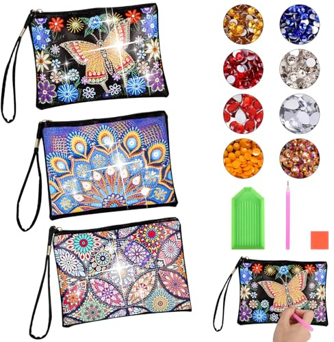 Pintura De Diamantes Niños, Regalo De Niñas 6 7 8 9 10 Años, Kit De Manualidades Niños De 6 Años Y Más, 3 Piezas Diamante Niños 6-10 Años Pequeña Bolsa De Cosméticos Pintura De Diamantes Niños Adultos