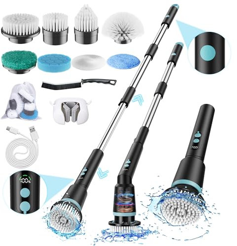 Cordless Electric Spin Scrubber with Remote Control Handle, Upgraded IPX7 Waterproof Cleaning Brush with 8 Replaceable Brush Heads and,Power Scrubber for Cleaning Bathroom, Shower, Tub, Floor(Black)