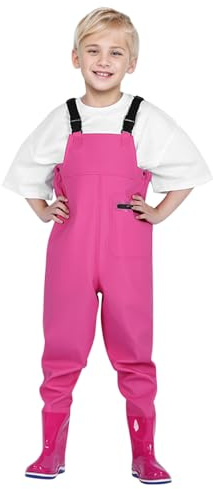 Generisch Kinderwathose Wasserdicht Regenhose mit Stiefeln, Wathose für Kinder Jungen Mädchen, Junior HosenträgerMatschhose Regenstiefel rutschfeste Sohle Gummistiefel für Jugendliche (36)
