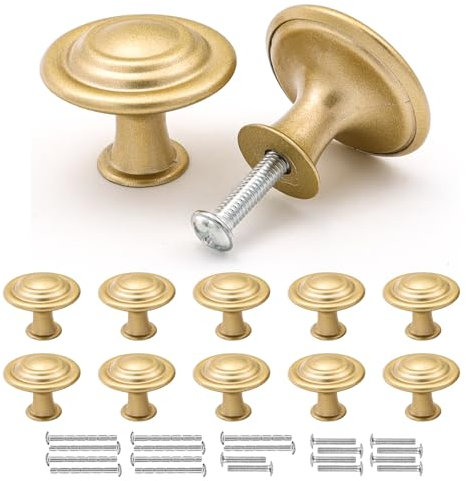 Misuyue Boutons de Meuble Or Mat, Poignée Meuble Vintage, 10 Pièces Boutons de Tiroir en Alliage de Zinc, 30mm Boutons de Portes pour Placards Commode Armoire, avec Vis Assorties