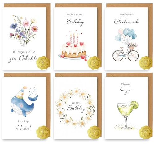 Vielucks 6 x Geburtstagskarte inkl. Umschlag und Aufkleber, Geburtstagskarten Set hochwertig, Glückwunschkarten zum Geburtstag, Karte Geburtstag für Männer Frauen, Birthday Card für Familie Freunde