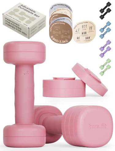 kure.fit Adjustable Dumbbell Set｜2LB 3LB 4LB 5LB Light Hand Weights for Women｜One-Twist Weight Adjustment｜Non-Slip Curved Grip Handle｜Free Weights for Home Gym, Rehab, Pilates, Yoga, Strength Training