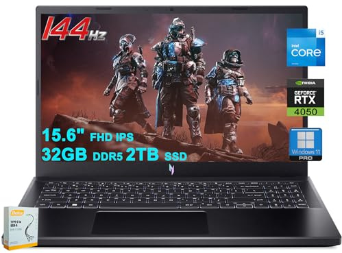 acer Nitro V 15 Ordinateur portable de jeu | 15,6 po FHD IPS 144 Hz | Intel 8 cœurs i5-13420H | 32 Go DDR5 2 To SSD | GeForce RTX 4050 | USB-C Win11Pro rétroéclairé avec accessoire DLCA