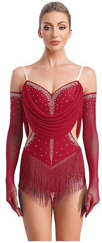 Yruioon Damen Latein Tanzkleid Glitzer Fransen Kleid mit Handschuhe Turnanzug Gymnastik Leotard Tanzbody Wettbewerb Tanzkostüm