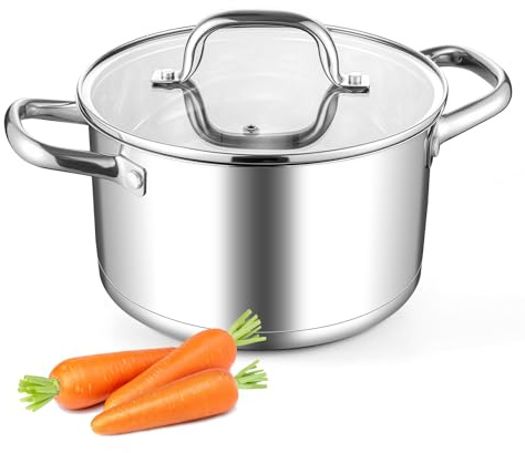 Leonyo Pentola piccola da 4 litri, con coperchio visibile per zuppe, pasta, verdure, in acciaio inox 18/10, per cottura di pasta e zuppa per fornelli a gas in ceramica a induzione, fondo a tre strati
