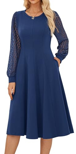 GRACE KARIN Elegant Women’s Midi Dresses Lace Long Sleeve Crew Neck A-Line Dresses Casual Solid Formal Cocktail Dress