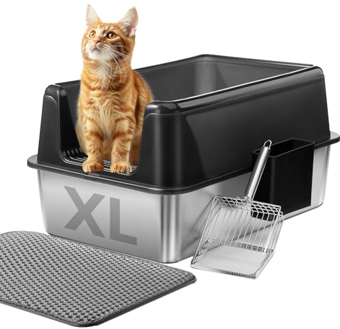 Marchul Kattsandsbricka, XL rostfritt stål kattlådor 60 x 40 x 31 cm, extra stor, anti-urinläckage, icke-klibbig, lätt att rengöra, repas inte, (Inkluderar matta och metallskopa)