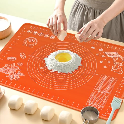 Silicone Pastry Mat Extra Large with Measurements and High Edge, 70x50cm Non-Slip Food Grade Silicone Baking Mat for Dough Rolling, Kitchen Worktop Protector, Table Mat, Pastry Board, Orange