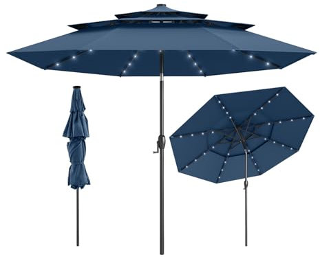 COSTWAY Ombrellone da Patio 313 cm con 32 Luci LED, Tetto Ventilato a 3 Piani, Inclinazioni Regolabili, Manovella, 8 Stecche, Ombrellone da Giardino, Piscina, Spiaggia (Blu)