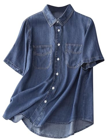 BILIKEYU Camisa de mujer de jeans de manga corta, camisa de verano ligera y suelta, camisa de mezclilla delgada de estilo retro, transpirable, cómoda, casual, camiseta de una sola pieza, top (Azul