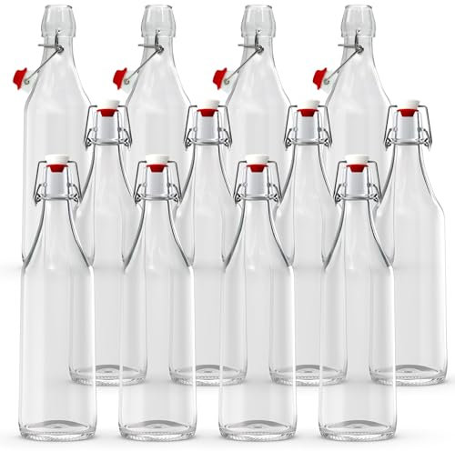 volila 1L Flip Top Bottles with Stoppers - 1000ml Clear Swing Top Bottles for Homebrewing and Beverages - with Leak Proof Caps, Labels, Pen and Funnel (12 Pack)