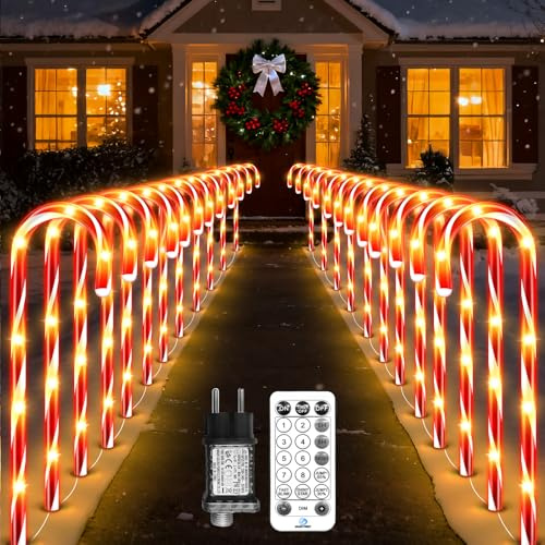 LED Lichterkette Zuckerstangen 24 Stück 144 LEDs Zuckerstangen Beleuchtet, 12 Beleuchtungsmodi, IP65 Wasserdicht Weihnachten Zuckerstange Lichterketten für Garten/Balkon/Weihnachtsdeko (Warmweiß)