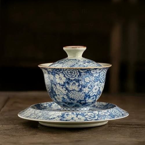 MEIFULLE Tasse à thé en Argile Ancienne, Bol à thé, céramique, cérémonie Unique, soupière Chapeau en Bambou, gaiwan Sancai Haut de Gamme, Bleu et Blanc