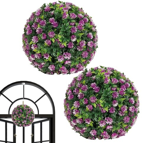 Bolas Topiarias de Flores Artificiales | Plantas Falsas de en Bola - 2 Piezas Adornos Colgables Anti-Óxido Para Decoración Del Hogar Interior Exterior Bodas Fiestas Terraza Patio Jardín Balcón