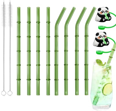 8 cannucce in vetro, lunghe 19 cm, in vetro, con 2 spazzole per la pulizia e 4 punte in silicone, cannucce riutilizzabili, a forma di bambù verde, per cocktail (verde 1)