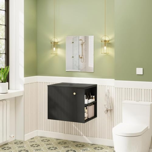 YU YUSING Mobiletto Bagno Sottolavabo con Specchio, Mobile Bagno Sospeso con 2 Ripiani Aperti, Mobile Sottolavabo per Bagno 60x48x50cm, Mobiletto Bagno Moderno, Nero, Senza Lavabo