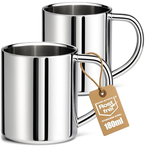 Robin Goods® 2x tazze termiche da 180 ml in acciaio inox – doppia parete con manico – tazze infrangibili per caffè e bevande – antiruggine e senza BPA