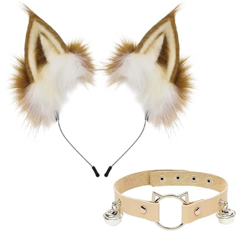 YAEGIMHT Fuchsohren Katzenohren Haarreif & Halsband Set – Handgefertigtes Kunstfell Kostüm Zubehör für Kinder & Erwachsene, Cosplay, Halloween, Karneval, Fasching, Fursuit Accessoire