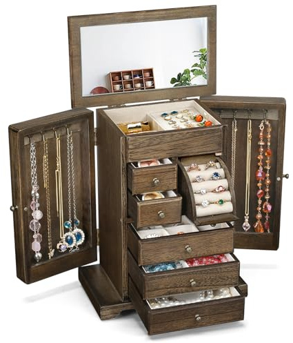 Emfogoo Schmuckkästchen 6 Ebenen, Schmuckaufbewahrung, Rustikales Holz Schmuckkasten 6 Schubladen mit Spiegel, Schmuck Organizer für Ringe, Ohrringe, Halsketten, Armbänder (Vintage)