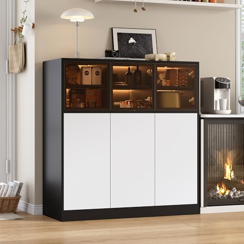 Merax Sideboard Kommode mit 3 Glastüren und 3 weiße Türen, Modernes Küchenschrank mit LED-Beleuchtung, Buffetschrank Highboard für Wohnzimmer/Esszimmer/Flur,100x 40x105 cm, Weiß&Schwarz