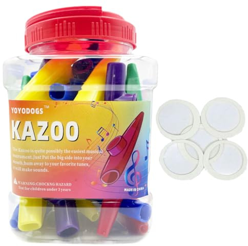 YOYODOGS 32Pcs Plastic Kazoos with 36Pcs Kazoo Flute Diaphragms,Bulk Multiple Colors Kazoo for Adult Musical Instruments Tones for Classroom Party Favors Comedic or Playful Purposes