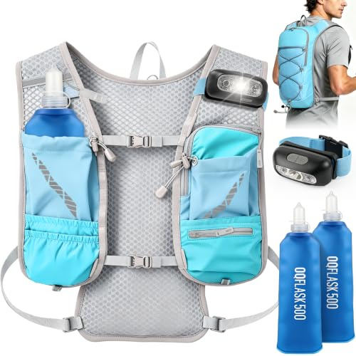 FIVAVA - Chaleco para correr para hombre y mujer – con 2 botellas plegables (500 ml) – Chaleco reflectante para correr con mochila de hidratación – Ideal para maratón, trail running, jogging y