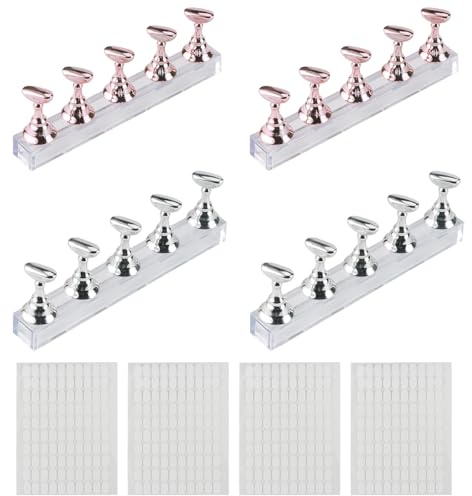 4 Support Magnétique pour Faux Ongles,Ensembles Présentoir d'Art D'ongle | Support de Pratique de Pointe d'Ongle Stand d'Art d'Ongle Argent/Rose
