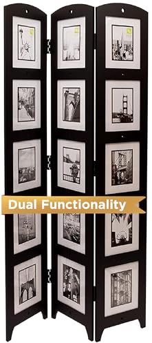 Kiera Grace 3-Panel Photo Collage Room Divider and Privacy Screen, Picture Frames Hold 15 Photos of 5 x 7 Size, Ideal for Office and Home Decor, Fully Assembled, 33.75 L x 0.75 W x 64 H, Black