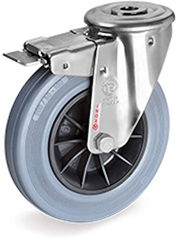 Roulette à oeil INOX pivotante à frein diamètre 125 mm roue caoutchouc gris - 100 Kg