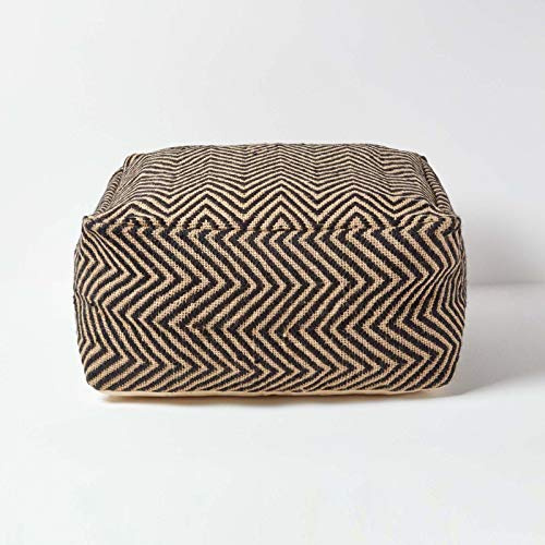 Homescapes Jute Sitzpouf schwarz-Natur im Ethno Style, Sitzsack-Hocker quadratisch 60x30 cm, Sitzquader Bodenkissen mit Zickzack-Muster
